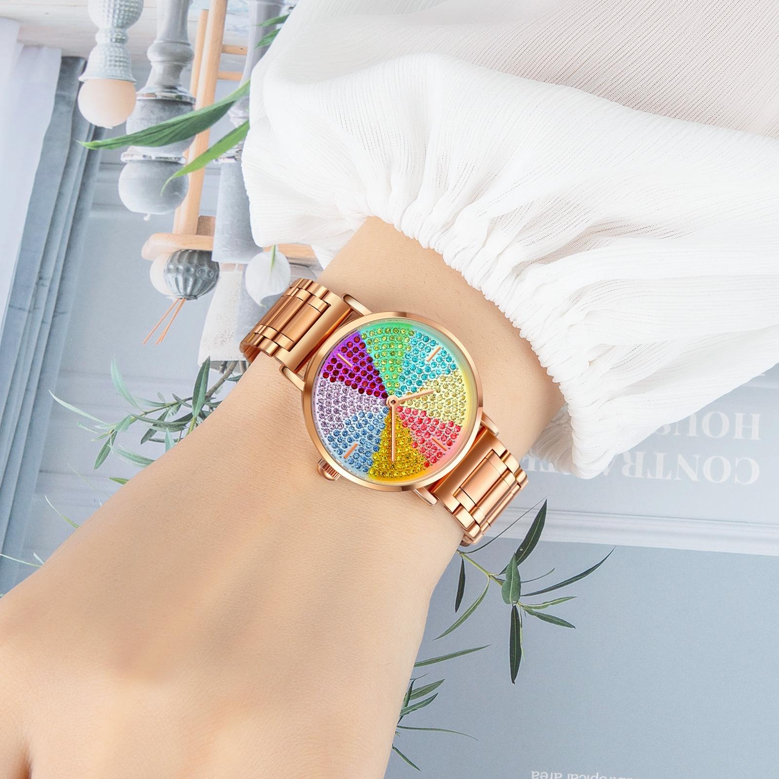 Women Rose Gold Steel Watch with Eight Colour Diamond Dial 6