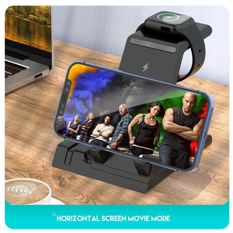 6 In 1 Wireless Charging Stand With Usb C Port & 8 Pin Cable - Black 6
