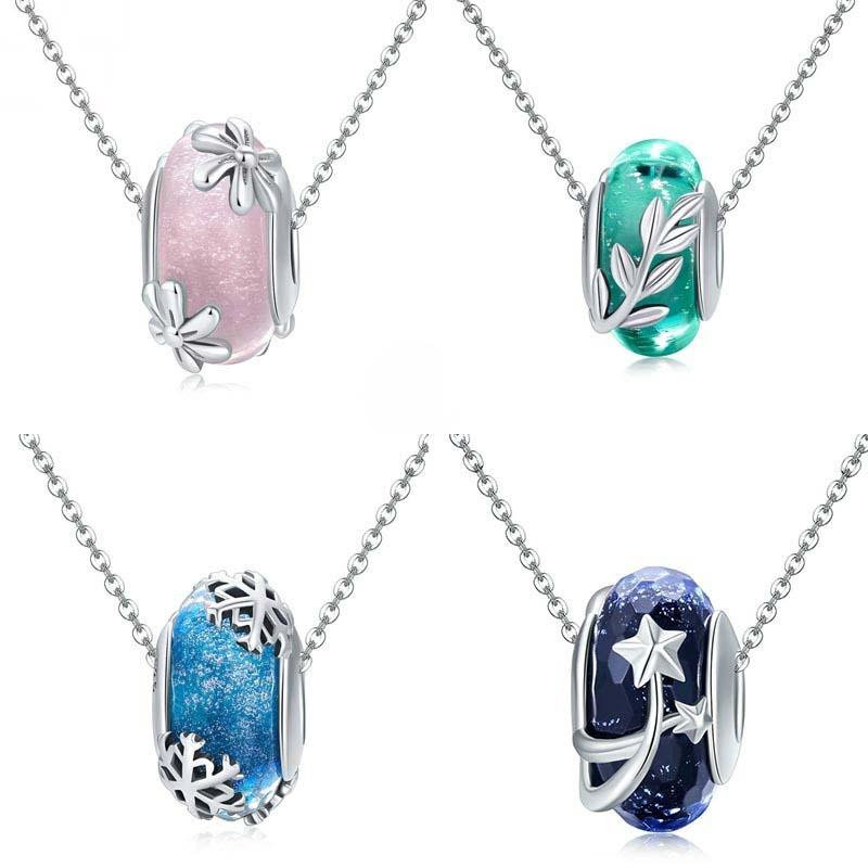 925 Sterling Silver Seasonal Glass Bead Bracelet Charms - Navy Blue 13