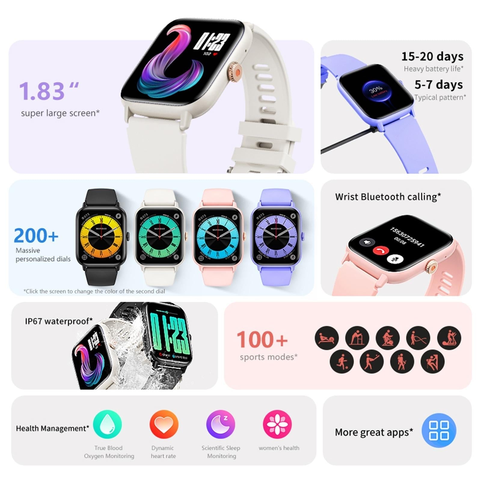 1.83 Inch Bt5.2 Smart Sport Watch Support Bluetooth Call / Sleep / Blood Sugar / Blood Oxygen / Heart Rate / Blood Pressure Health Monitor - Pink 5