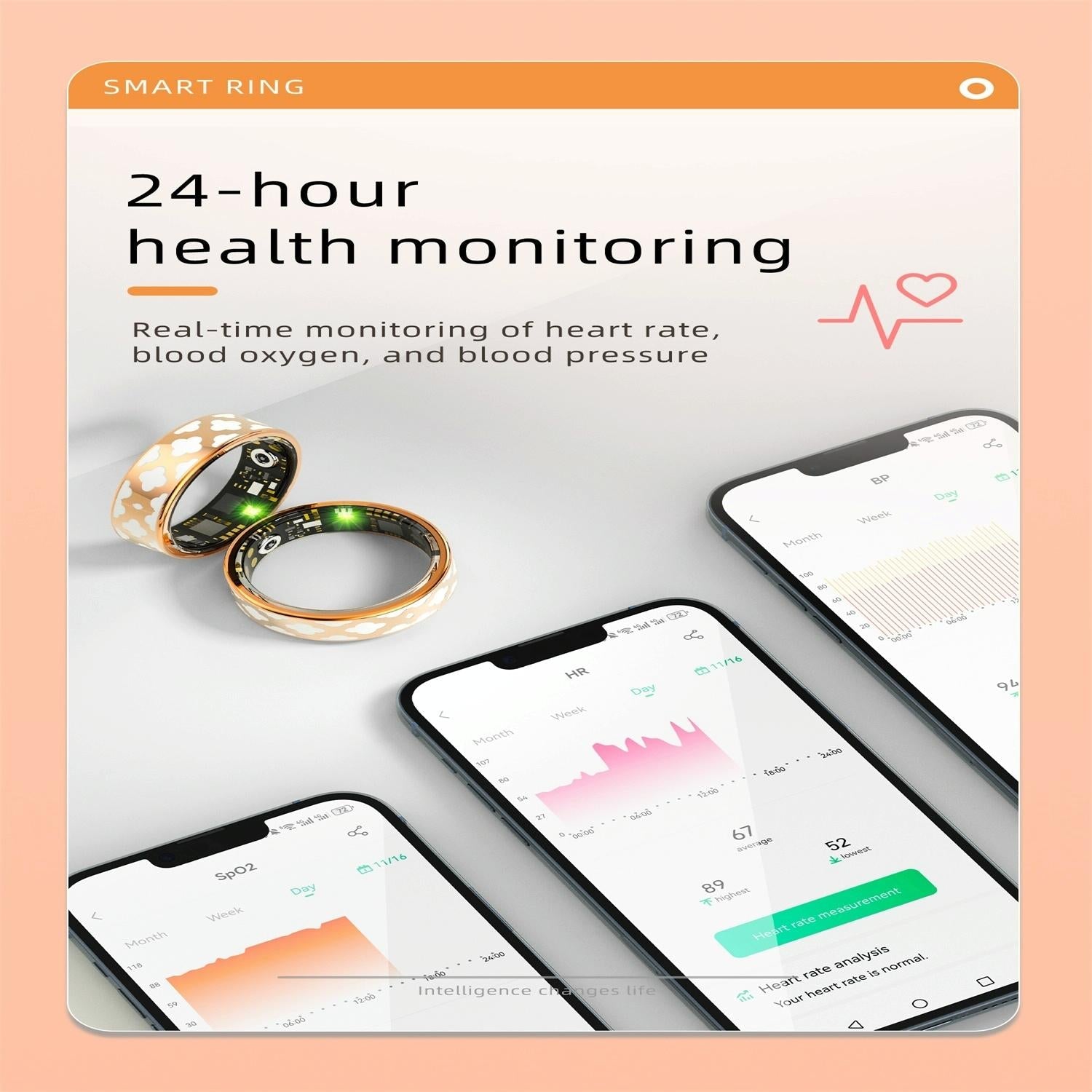 Smart Ring With Heart Rate Blood Oxygen Sleep Monitoring - Rose Gold Size 7 9