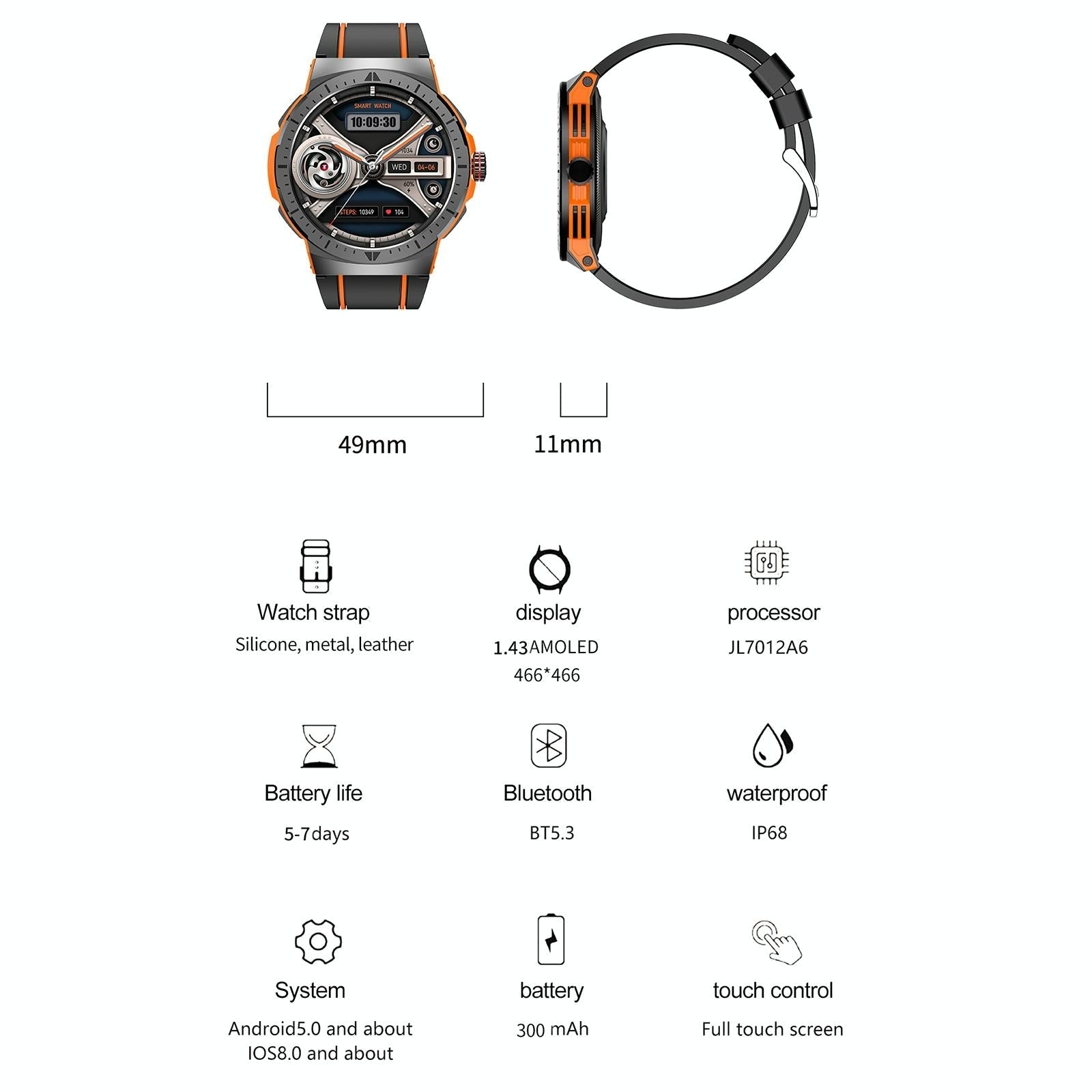 1.43 Inch Bt5.3 Ip68 Sport Smart Watch Support Bluetooth Call / Message Notification / Heart Rate / Blood Pressure Health Monitor - Orange 3