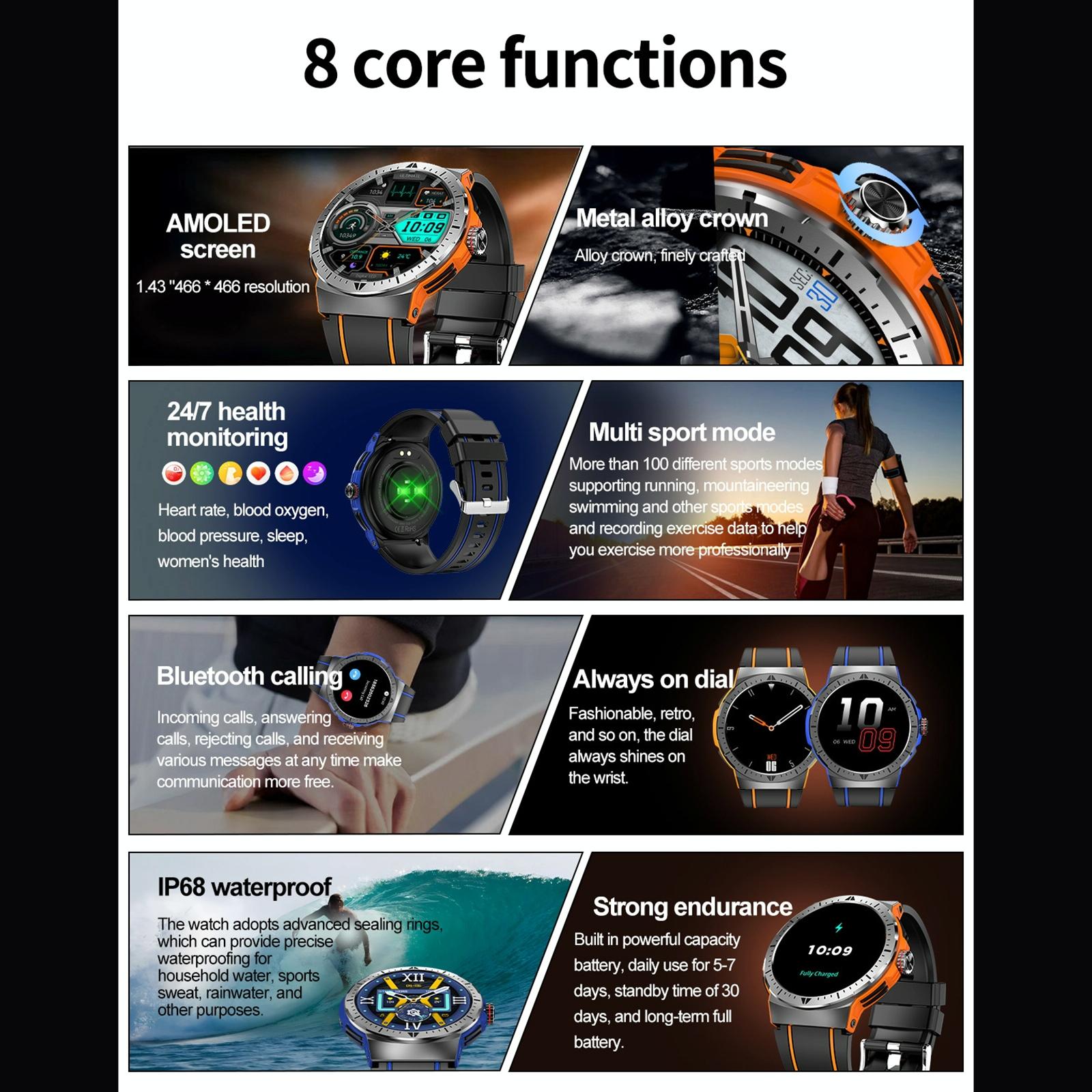 1.43 Inch Bt5.3 Ip68 Sport Smart Watch Support Bluetooth Call / Message Notification / Heart Rate / Blood Pressure Health Monitor - Orange 9