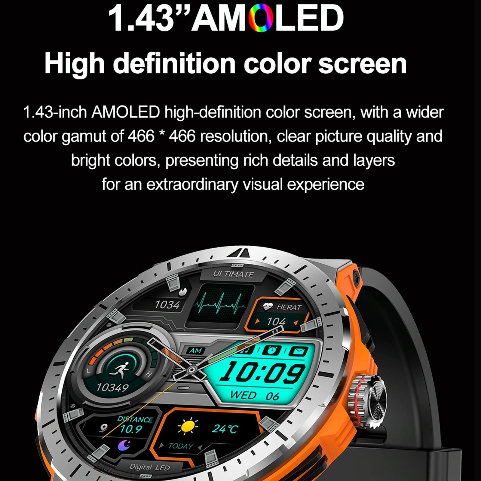 1.43 Inch Bt5.3 Ip68 Sport Smart Watch Support Bluetooth Call / Message Notification / Heart Rate / Blood Pressure Health Monitor - Orange 10