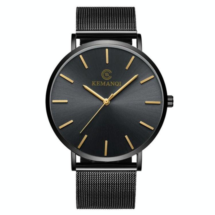 Men Waterproof Steel Mesh Quartz Watch - Ultra-thin - Ultra-Thin Black Shell Black Dial Black Band