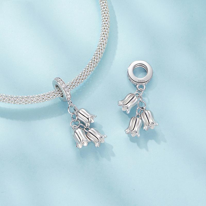 925 Sterling Silver Platinum Plated Lily Of The Valley Bracelet Pendant 3