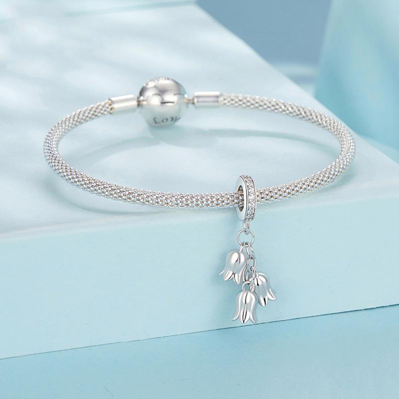 925 Sterling Silver Platinum Plated Lily Of The Valley Bracelet Pendant 4