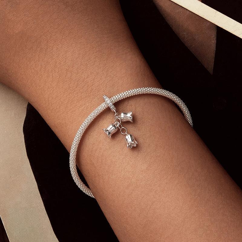 925 Sterling Silver Platinum Plated Lily Of The Valley Bracelet Pendant 6