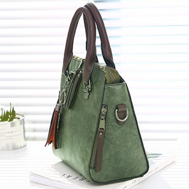 Designer Leather Crossbody Tote with Tassel for Women - Army Green 4