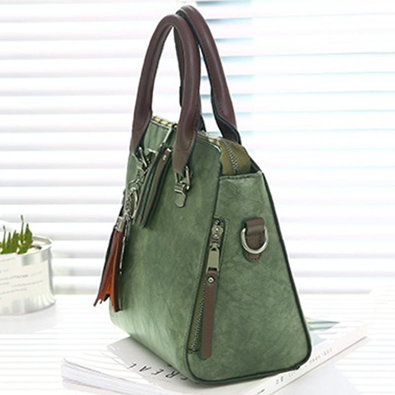 Designer Leather Crossbody Tote with Tassel for Women - Army Green 11
