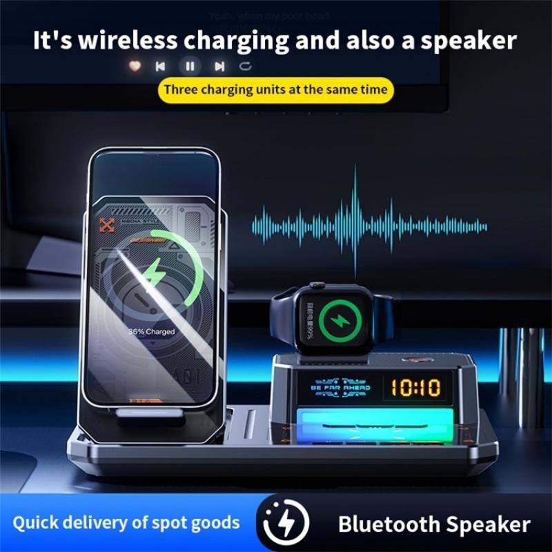 5 In 1 Magnetic Wireless Charger Stand With Clock & Speaker - Black 5