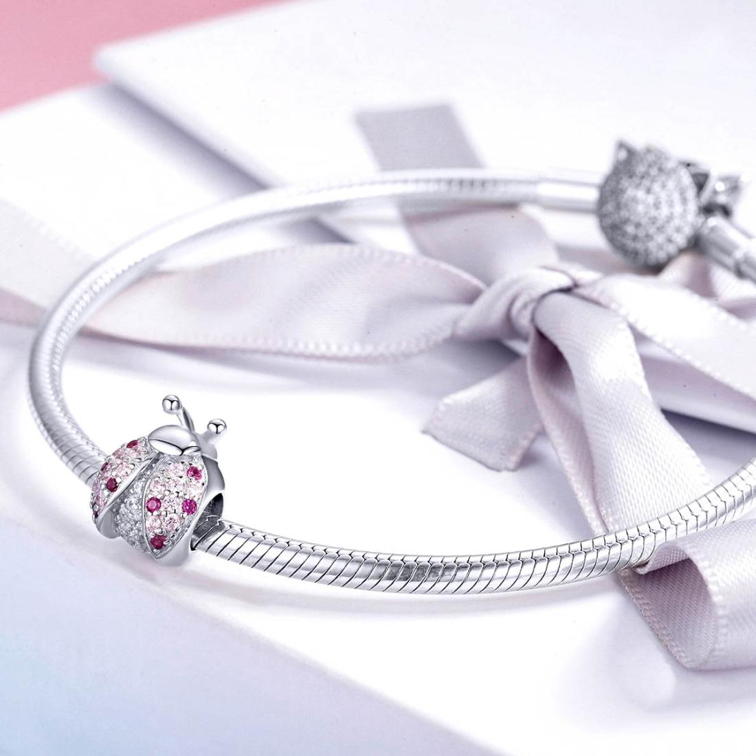 925 Sterling Silver Zircon Ladybug Bracelet / Necklace Set - Silver 8