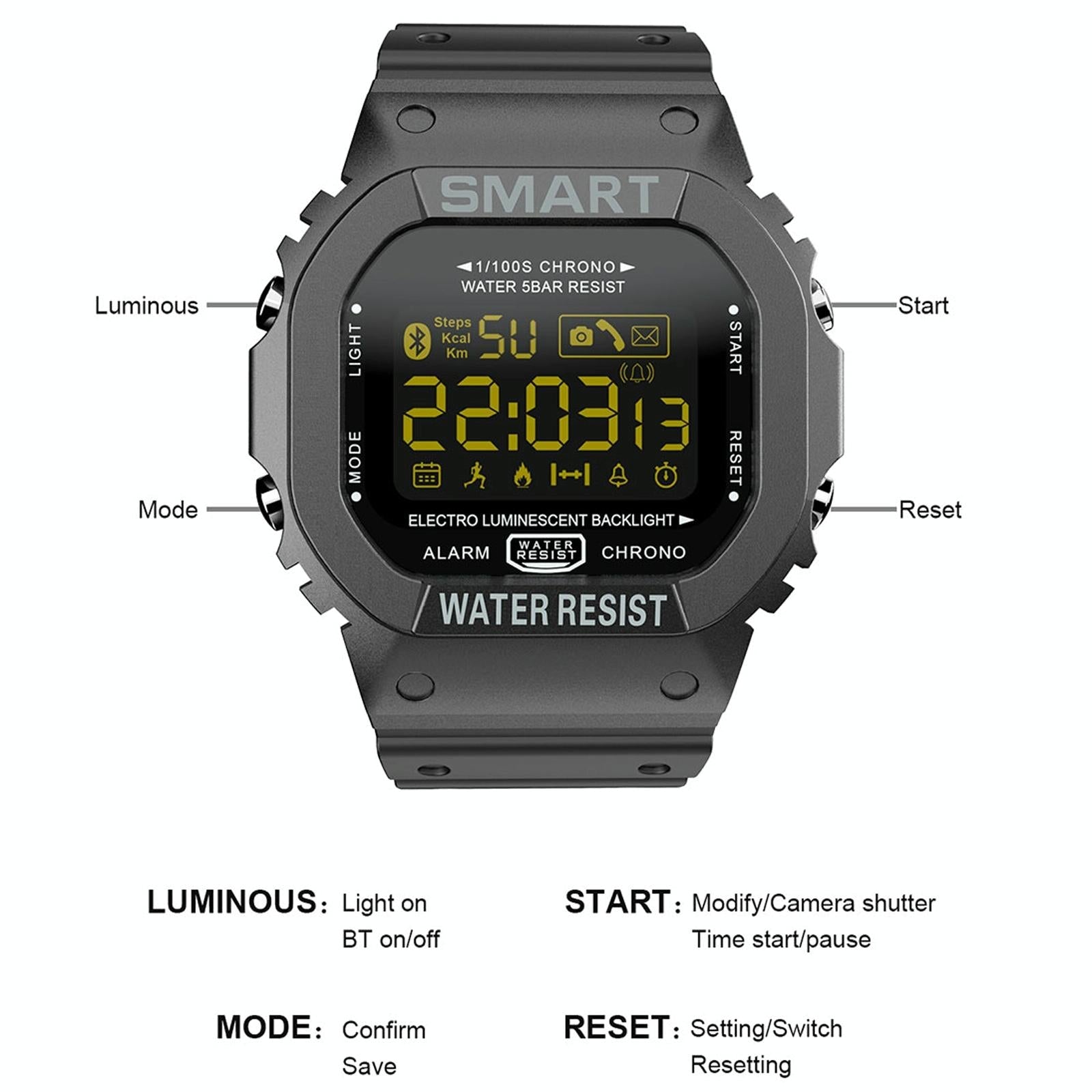 1.21 Inch Fstn Lcd Screen 50M Waterproof Smart Watch Support Information Reminder / Remote Camera / Sport Record Black - Eda001133601A 4