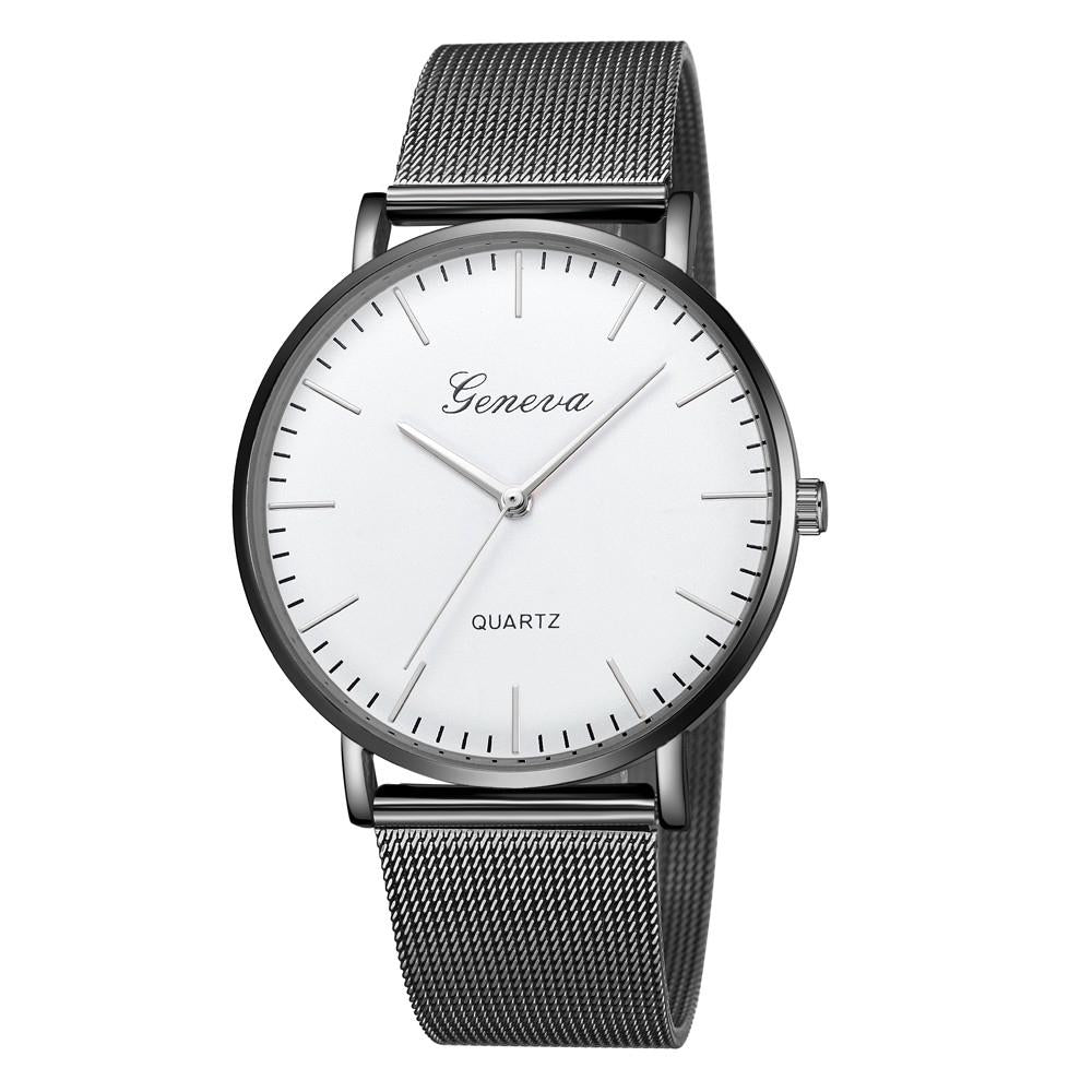 Stainless Steel Mesh Unisex Quartz Watch - Black Shell White Dial Gold Needle 8