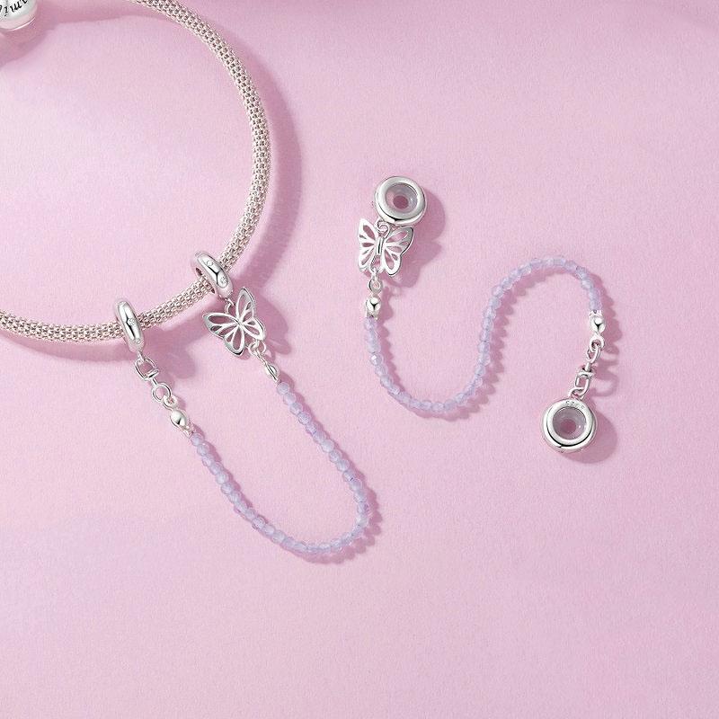 925 Sterling Silver Platinum Plated Butterfly Safety Chain Bracelet 6