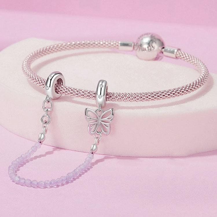 925 Sterling Silver Platinum Plated Butterfly Safety Chain Bracelet 7