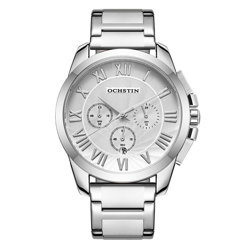 Waterproof Multifunctional Men Watch with Steel Strap - Silver White