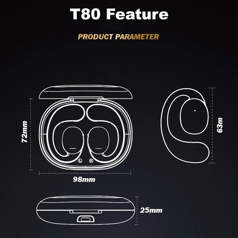 Black T80 Sport Tws Bluetooth Earbuds with Air Conduction 6