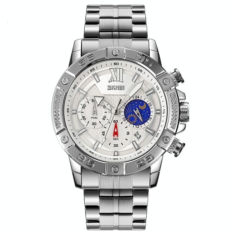 Stainless Steel Men Moonphase Quartz Watch with Strap - Gold Black 13