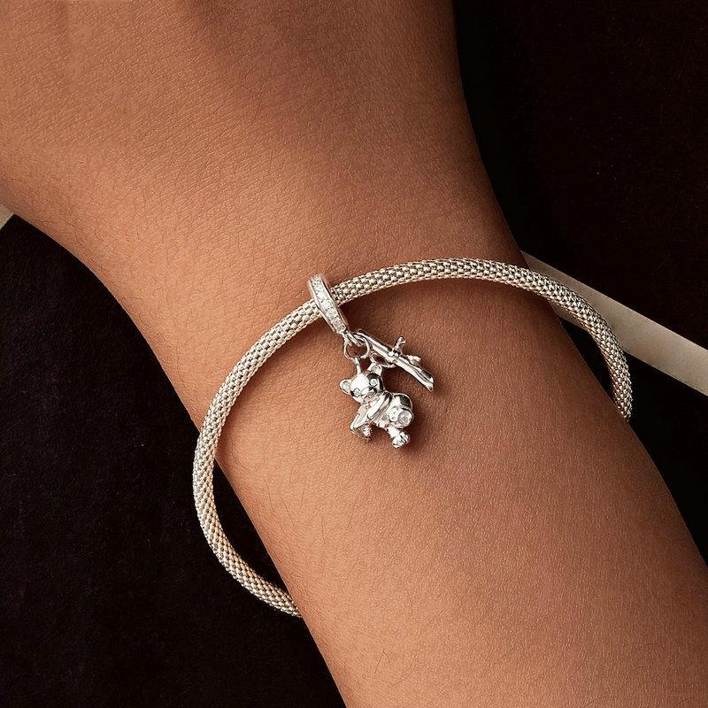 925 Sterling Silver Platinum Plated Bear Bracelet 7