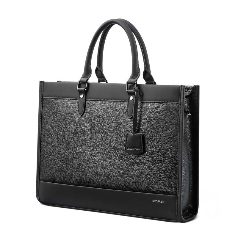 Large-capacity Leather Laptop Messenger Briefcase in Black