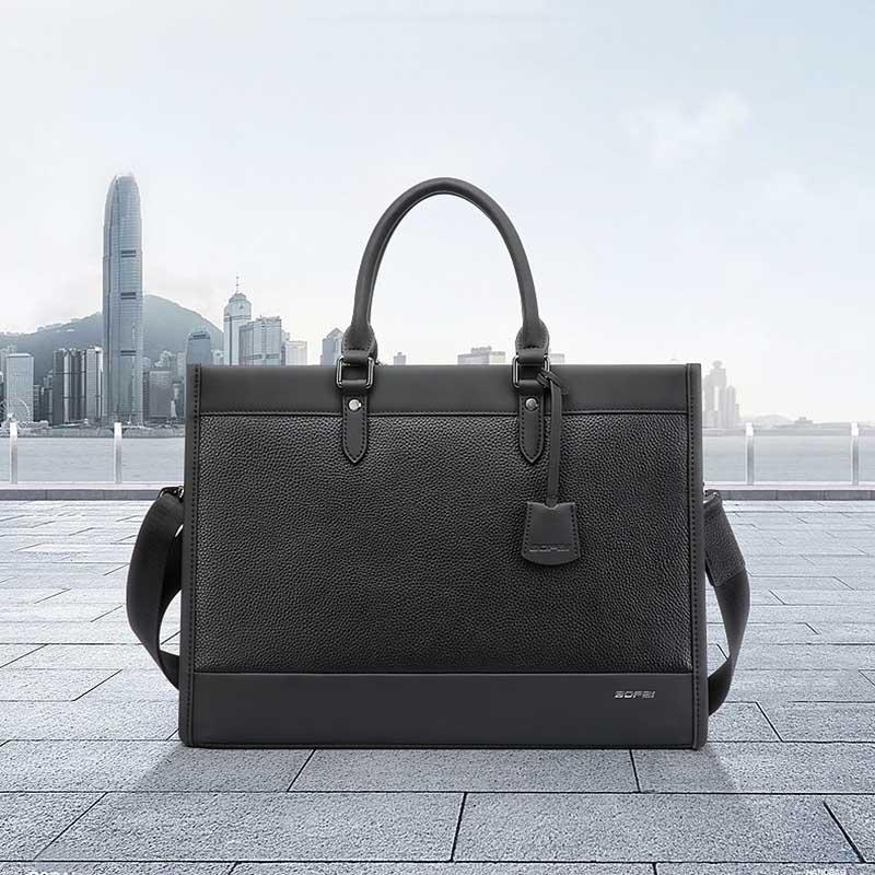 Large-capacity Leather Laptop Messenger Briefcase in Black 3