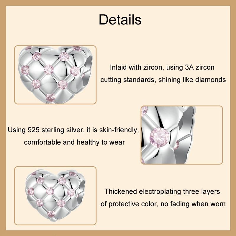 925 Sterling Silver Platinum Diamond Heart Diy Bead 6