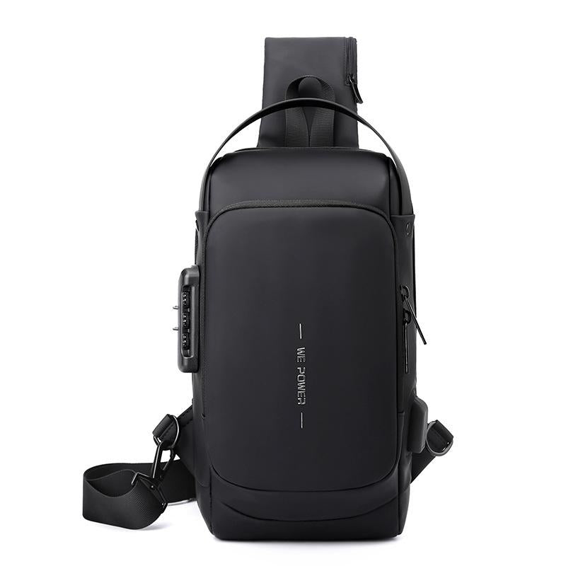 Anti Theft Men Chest Bag With Password Lock Secure Locomotive Messenger Bag - Black