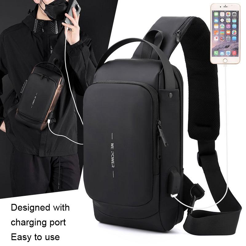 Anti Theft Men Chest Bag With Password Lock Secure Locomotive Messenger Bag - Black 14