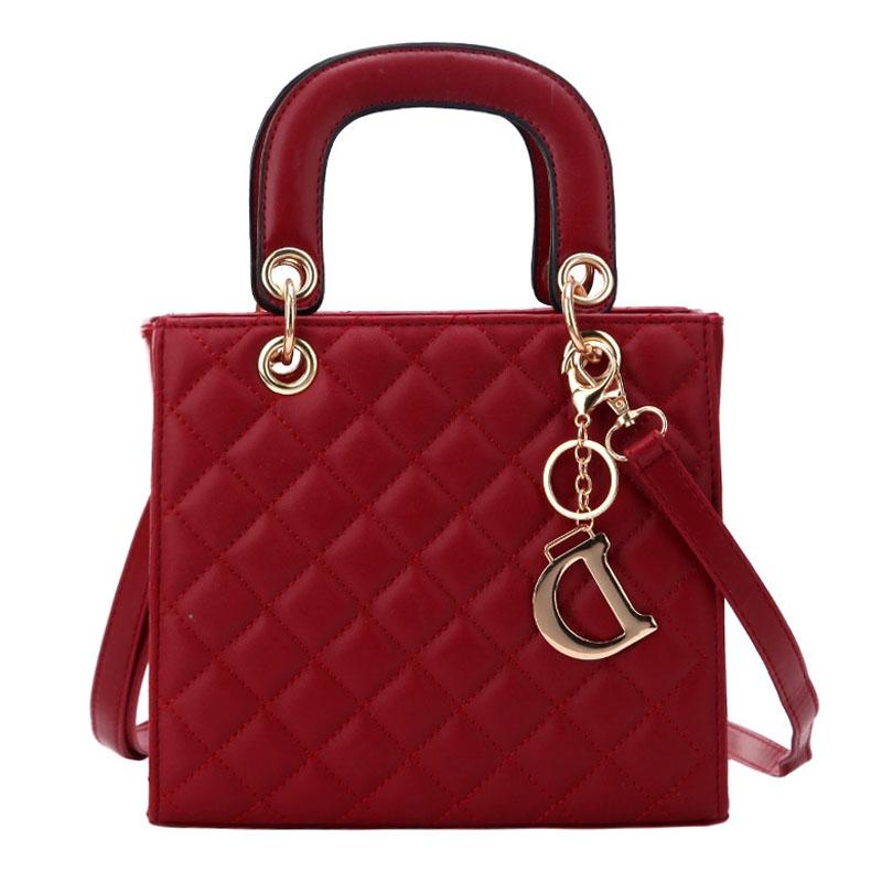 Leather Crossbody Bag with Rhombus Pattern for Women - Red