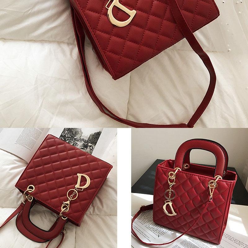 Leather Crossbody Bag with Rhombus Pattern for Women - Red 8