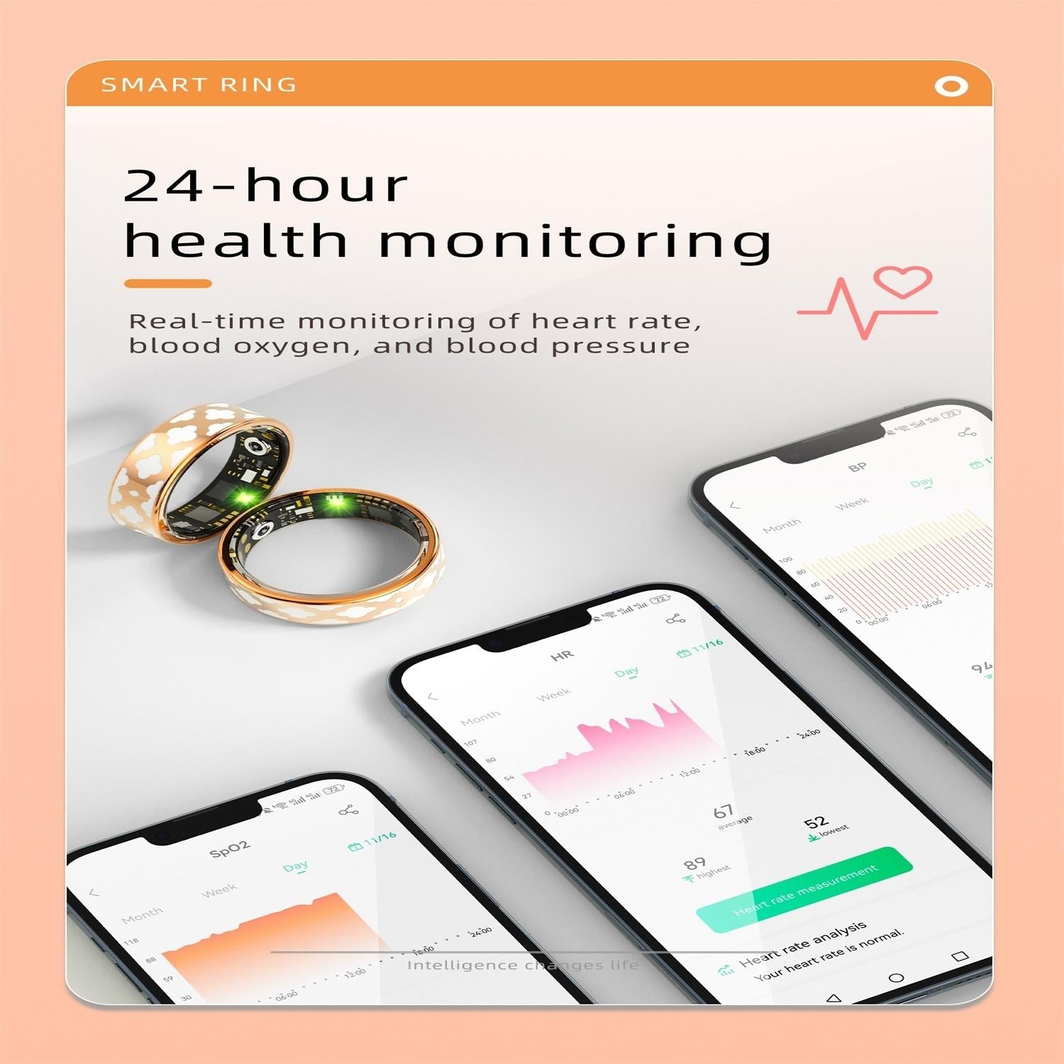 Smart Ring With Heart Rate Blood Oxygen Sleep Monitoring - Rose Gold Size 8 9