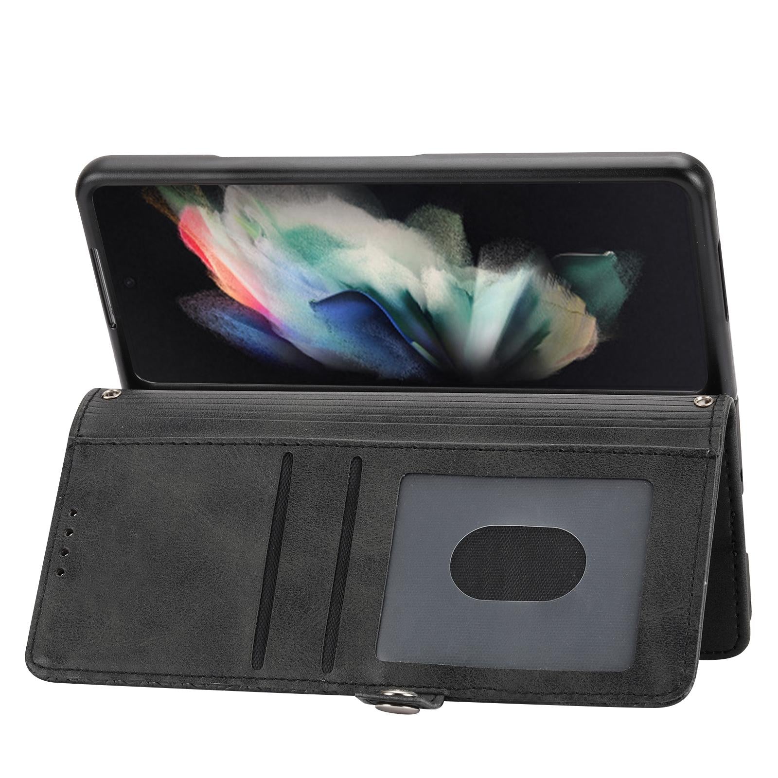 For Samsung Galaxy Z Fold4 5G Leather Grid Texture Phone Case With Lanyard - Black 6