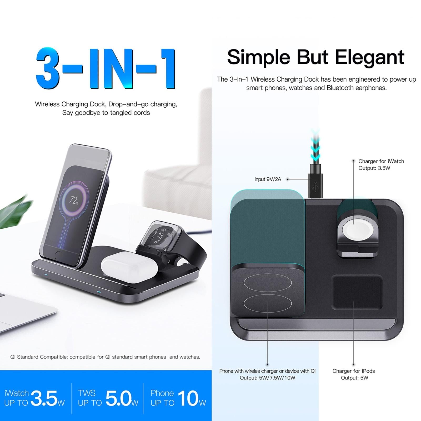15W 3 In 1 Foldable Wireless Charger - Black 3