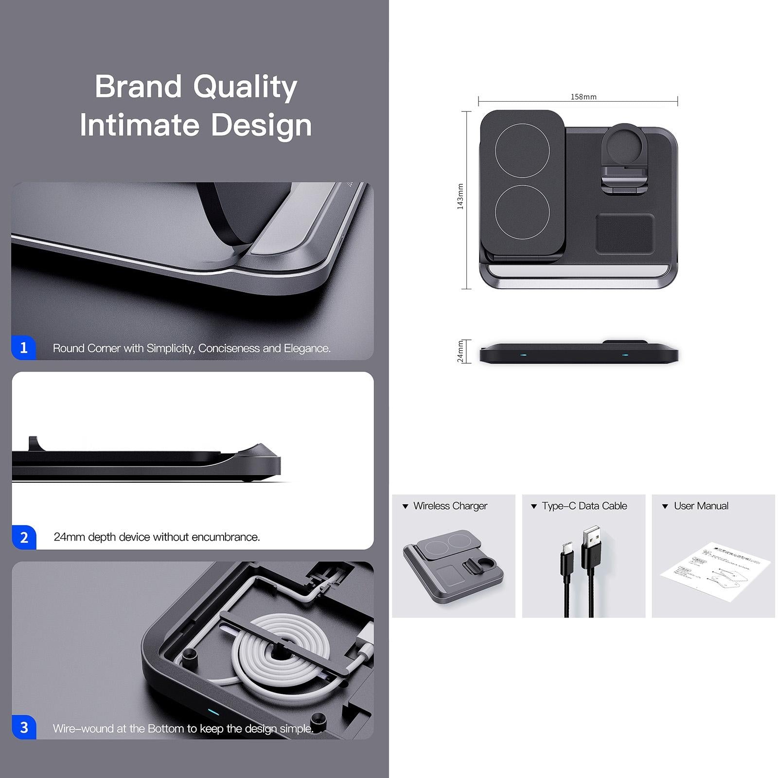 15W 3 In 1 Foldable Wireless Charger - Black 7