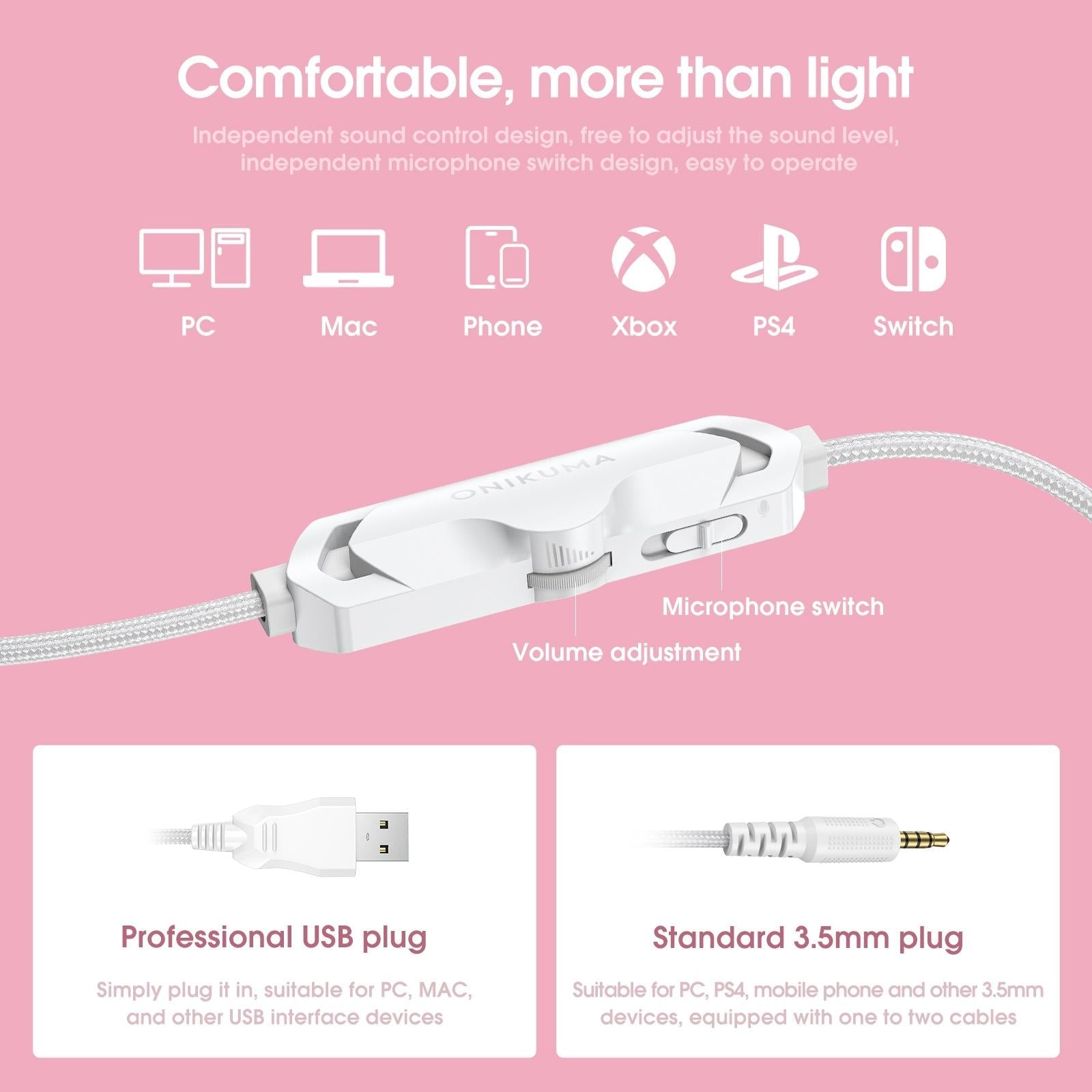Adjustable Led Gaming Headset With Mic White Pink 7