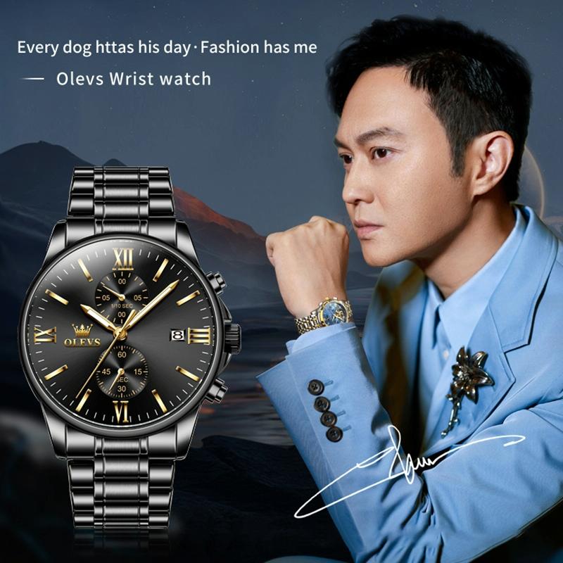 Waterproof Men Chronograph Quartz Watch with Luminous Dial - Black Gold Steel Strip 4