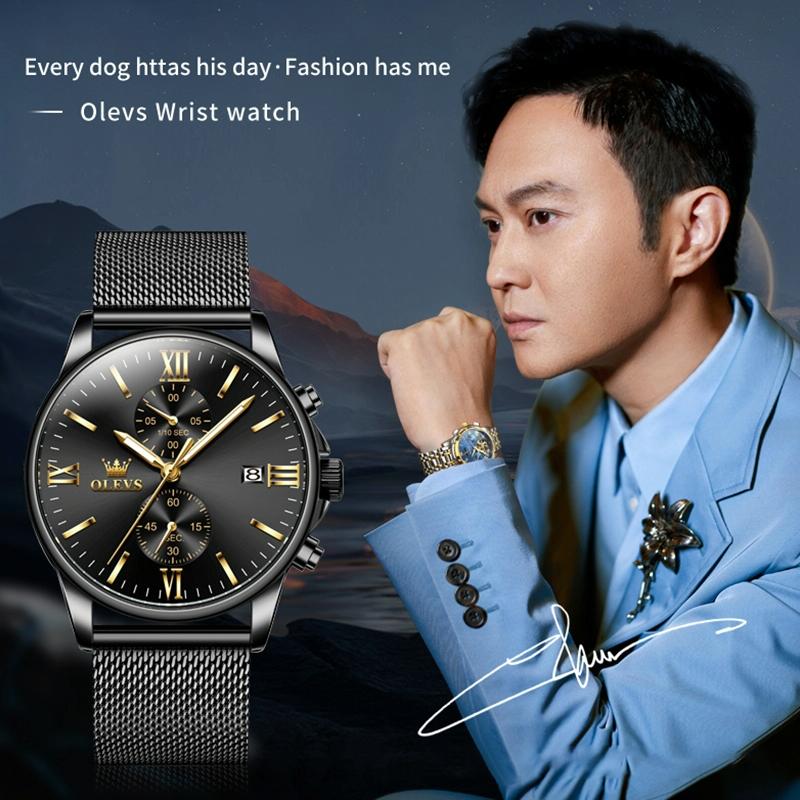 Waterproof Men Chronograph Quartz Watch with Luminous Dial - Black Gold Steel Strip 11