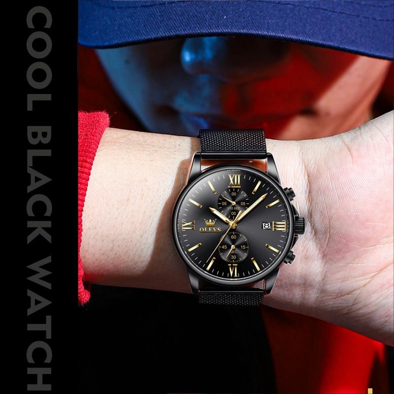 Waterproof Men Chronograph Quartz Watch with Luminous Dial - Black Gold Steel Strip 12
