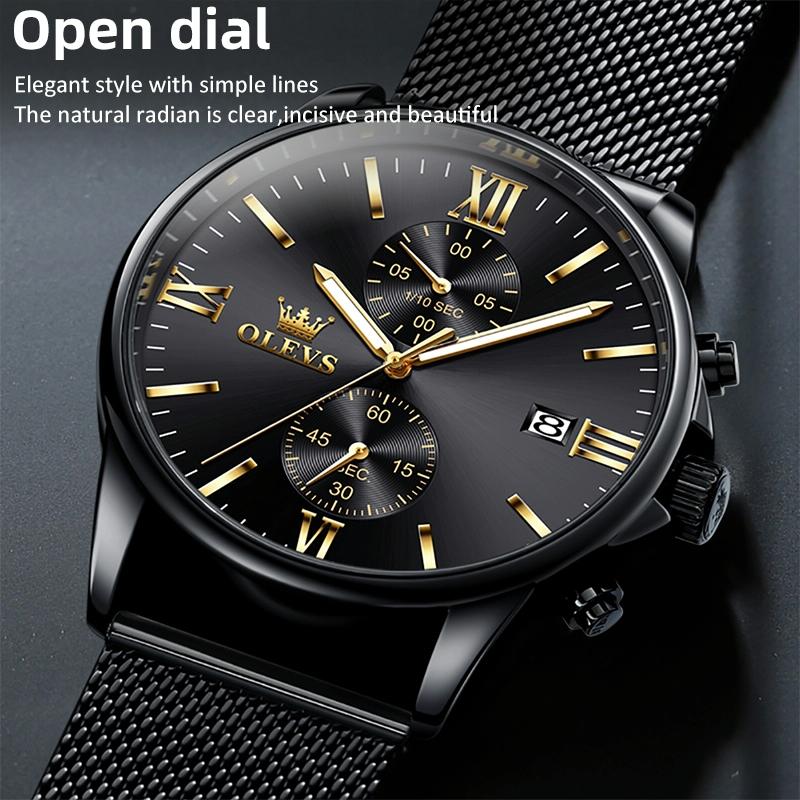 Waterproof Men Chronograph Quartz Watch with Luminous Dial - Black Gold Steel Strip 13