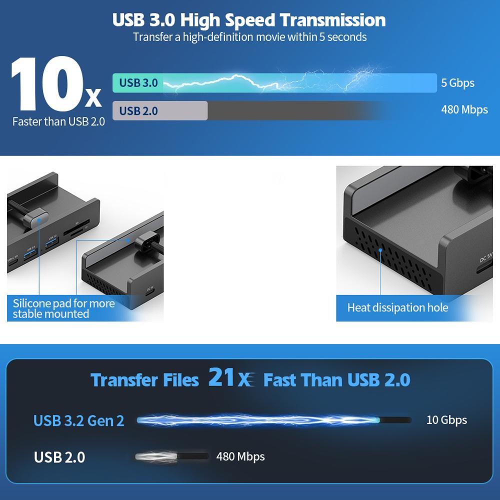 5-Port Usb3.0 Clamp Hub In Aluminum Alloy Black
