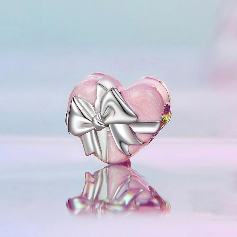 925 Sterling Silver Platinum Heart Bow Beads Gift Box 3