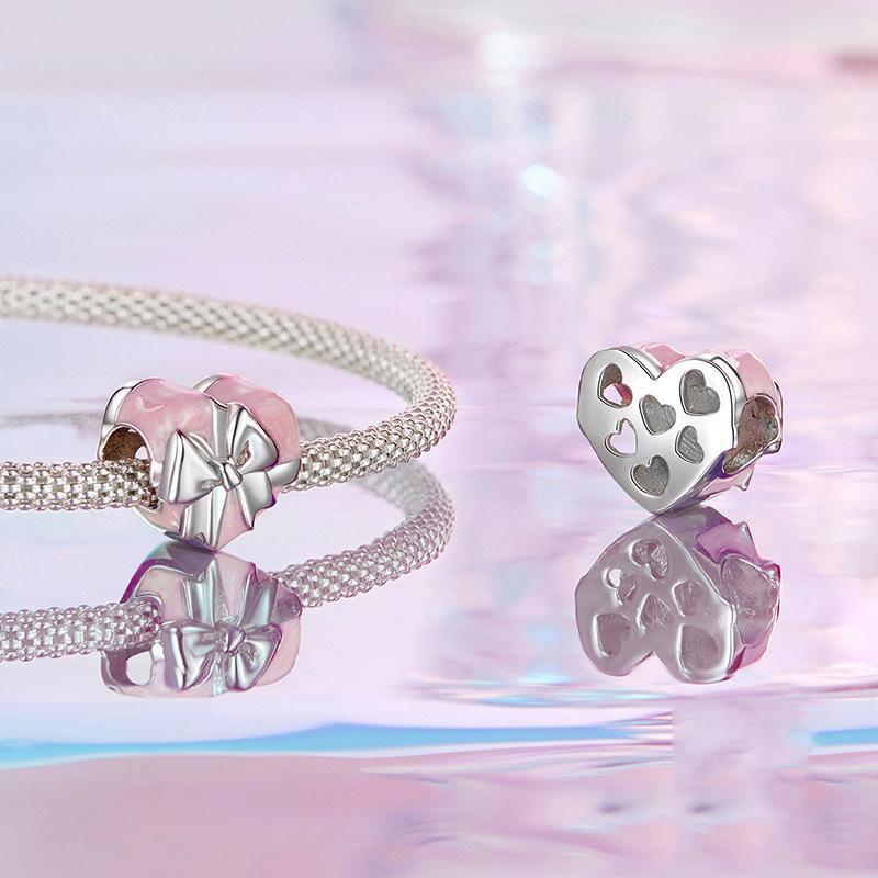 925 Sterling Silver Platinum Heart Bow Beads Gift Box 5