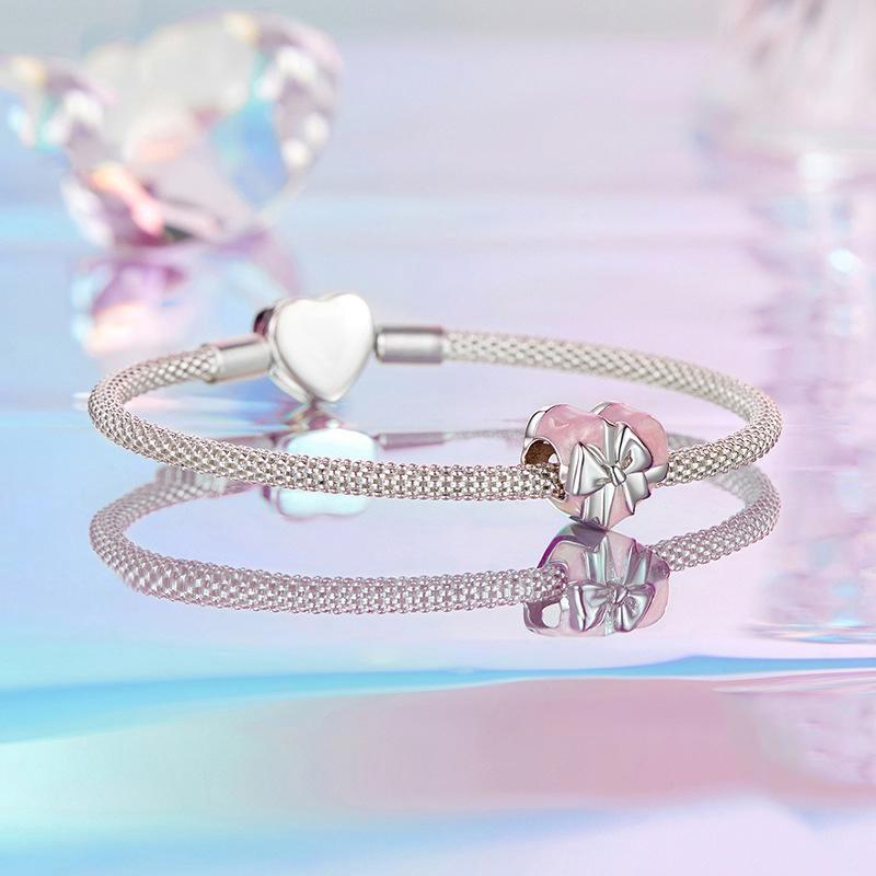 925 Sterling Silver Platinum Heart Bow Beads Gift Box 6