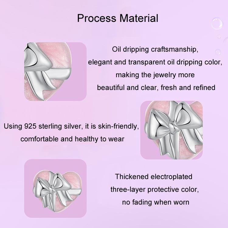 925 Sterling Silver Platinum Heart Bow Beads Gift Box 7