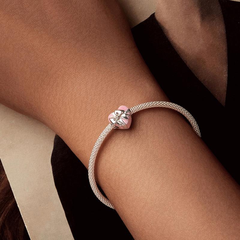 925 Sterling Silver Platinum Heart Bow Beads Gift Box 8