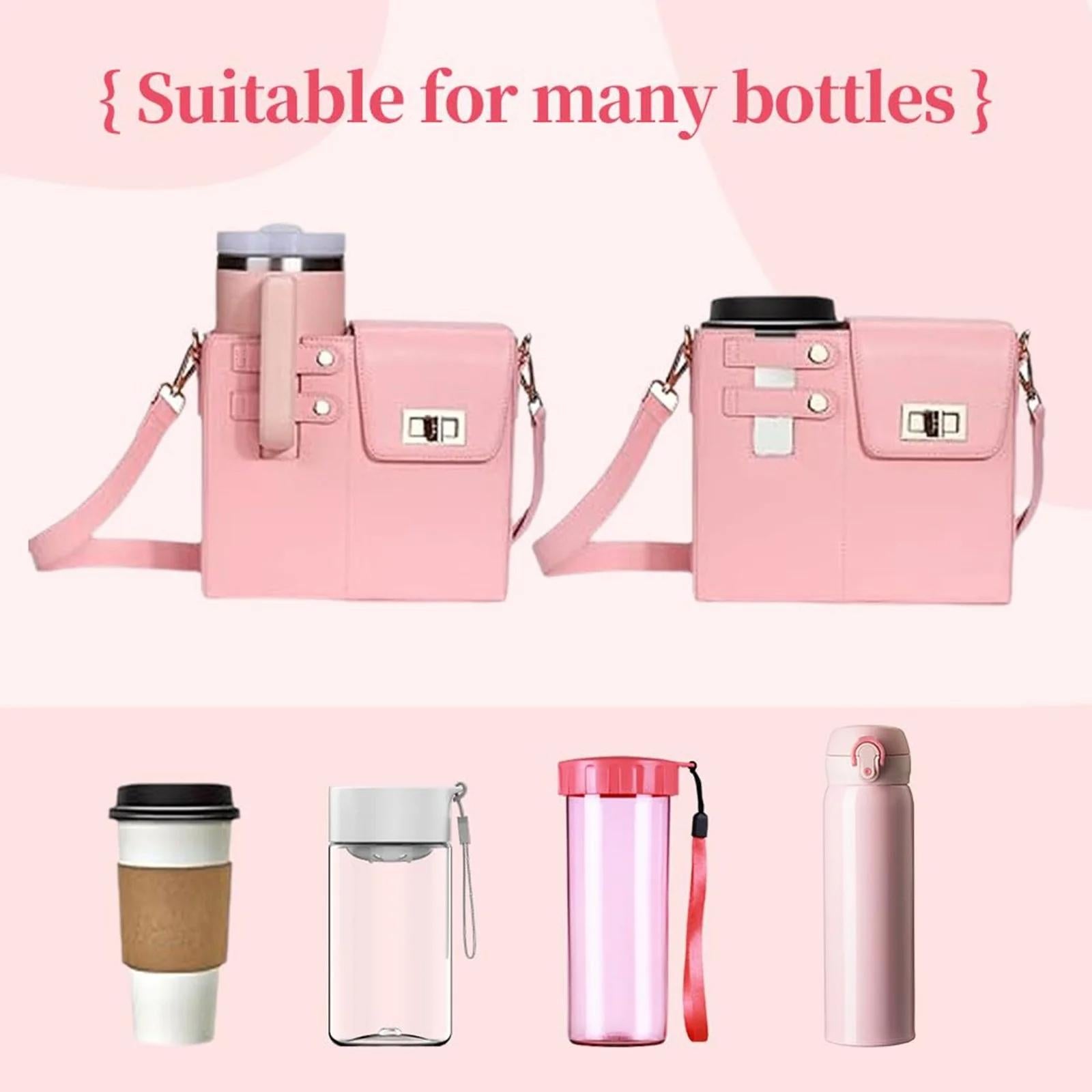 Leather Shoulder Bag For Water Bottles Fits Most Brands - Pink 6
