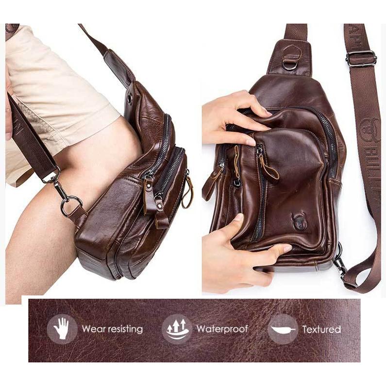 Men Leather Crossbody Chest Bag Multi Function - Black 6