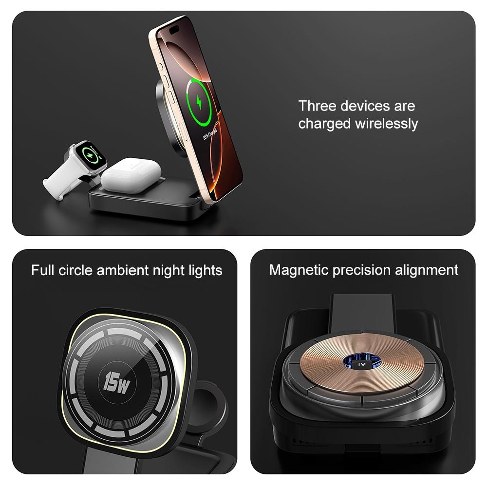 3 In 1 Magnetic Wireless Charger With Led Light - Black 8