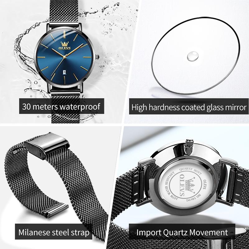Waterproof Women Quartz Watch with Steel Strap - Blue + Black 9